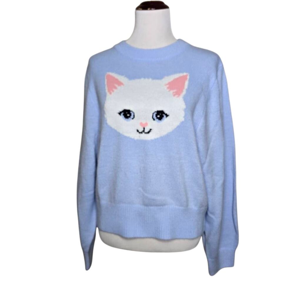 Divided H&M Light Blue Cat Face Graphic Knit Sweater Pullover Size L